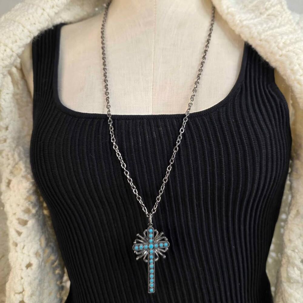 Faux Turquoise Cross Necklace Silver Ton Western Boho Pendant - Picture 2 of 6